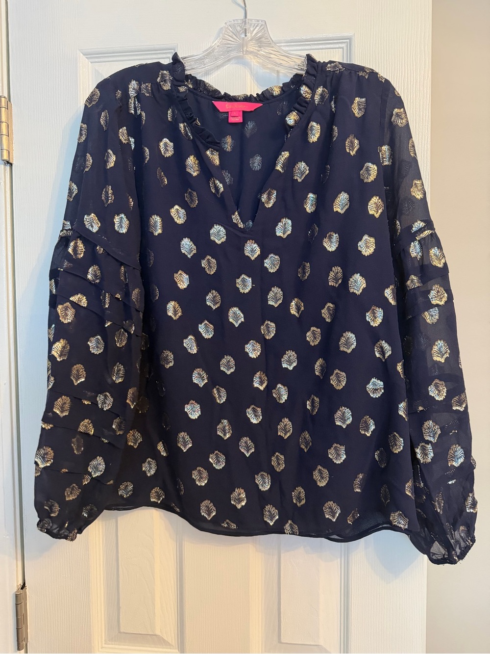 Lilly Pulitzer Navy Blouse with Metallic Shell Print
